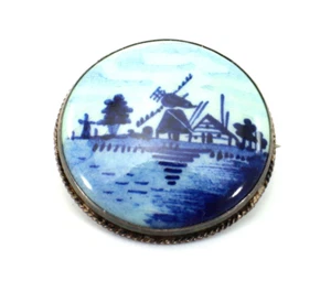 Delfts BROOCH Windmill Farm Scene Porcelain Blue w/ Silver Rim 1 ½” Dia Vintage - Picture 1 of 6