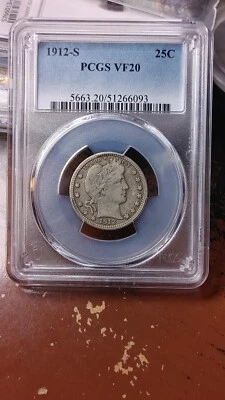 1912 S Barber Silver Quarter Dollar 25C PCGS VF20                           5176 - Image 1 of 4