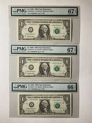 Set Of Three Federal Reserve Note STAR $1 1995 San Francisco L Block - Image 1 of 2