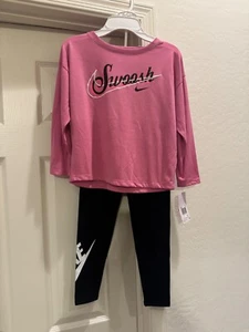 NWT Size 6X Girls Nike "Swoosh" Shine Long Sleeve Graphic T-Shirt & Leggings Set - Picture 1 of 10