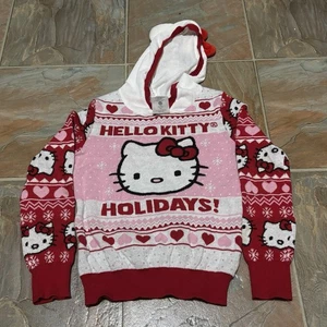 Hello Kitty Girls ‘Ugly’ Christmas Sweater Hearts Cat Ear Hood Medium Holidays - Picture 1 of 8