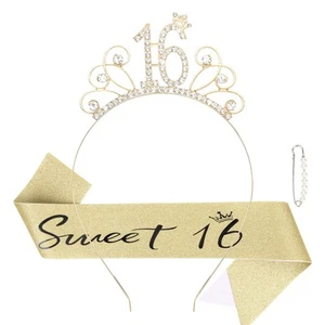 Gold 16th Birthday Sash and Tiara for Girls 16th Birthday Decorations for Gir... - Picture 1 of 7