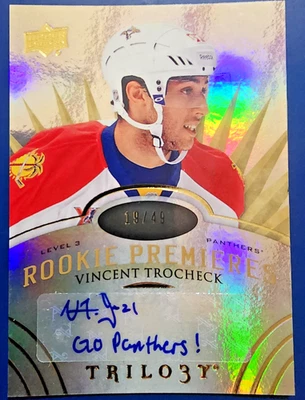 2014 UD Trilogy #183 Vincent Trocheck Level 3 RC Autograph Inscription 19/49 - Image 1 of 2
