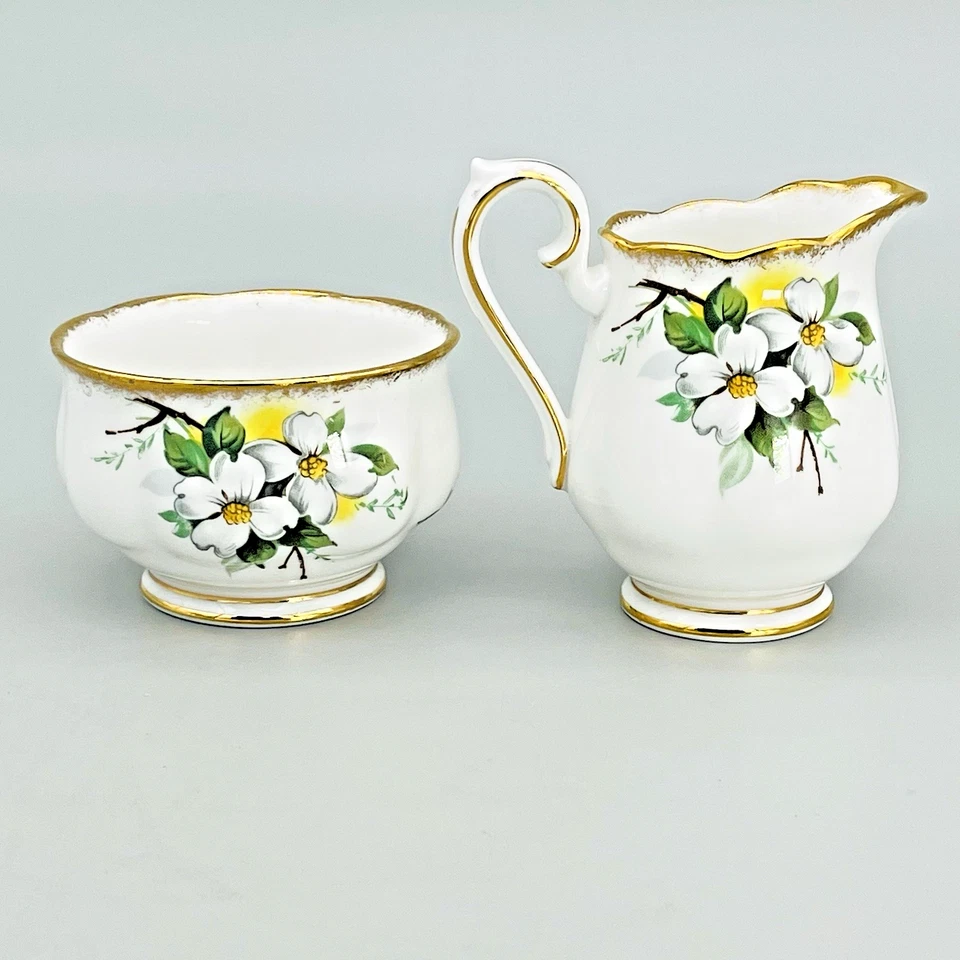 Vintage Royal Albert White Dogwood Brushed Gold Creamer & Open Sugar Bowl Set - Image 1 of 4
