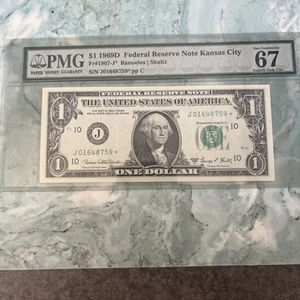 1969 D $1 FRN KC Dist STAR SUPERB Gem UNC Fr. 1907-J* PMG 65 EPQ SN J01648759* - Picture 1 of 12
