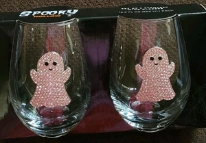 2~Halloween GHOST PINK  Rhinestone Stemless Wine Glass Set 18.6 Oz Spooky Hollow - Picture 1 of 3