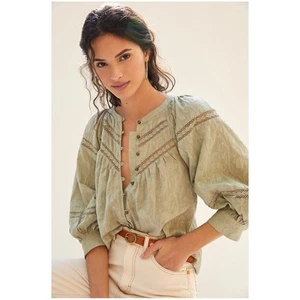 Anthropologie Women’s Sz S Green Lace Puff Sleeve Peasant Blouse Button Front - Picture 1 of 14