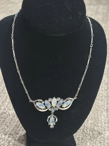 MOONSTONE BLUE OPALITE MARQUISE RHINESTONE SILVER CHAIN NECKLACE Y-DROP PENDANT - Picture 1 of 12