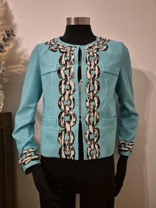 MOSCHINO Sz 8 Chain Teal Green Jacket White Black 3/4 Sleeves - Picture 1 of 12