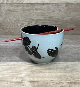 UO HOME Ramen Pho Noodle Bowl Light Blue Black Graphics w/Replacement Chopsticks - Picture 1 of 12