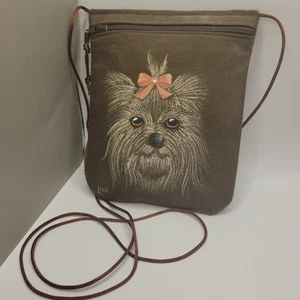 Handbemalte signierte Vintage Yorkshire Terrier Umhängetasche Handy Kunst Tasche - Bild 1 von 7