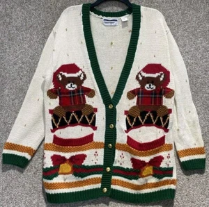 Jennifer Moore Womens Large Hand Knit Christmas Holiday Bears Cardigan Sweater - Picture 1 of 14