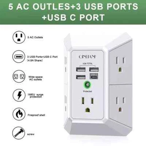 5 Outlet Extender Surge Protector Multi Plug Wall Adapter USB Charger Ports with - Picture 1 of 8