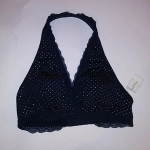 Gilly Hicks Bra Bralette Large Navy Blue Silver Polka Dot Lace Trim New - Picture 1 of 4