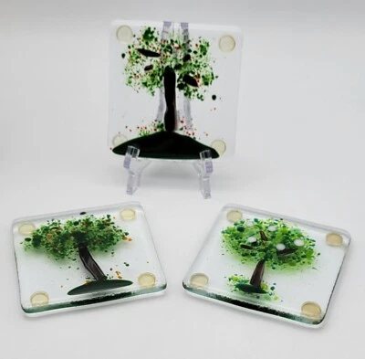 Juego de 3 mesas de centro cuadradas con textura de diseño de árbol de azulejos de montaña de vidrio fundido 4"x4" Foto 1 de 4