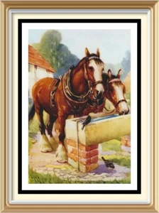 Equestrian Print Farmhouse Art DOBBIN & DAISY Shire Horse in Farmyard Landscape - Picture 1 of 1