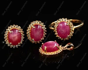 Natural Ruby Cabochon Gemstone 925 Solid Silver Ring Earring Pendant Jewelry Set - Picture 1 of 8