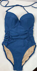 J CREW D-cup 2 One Piece Swimsuit Ruched Blue Underwire Halter Padded Bra #22F