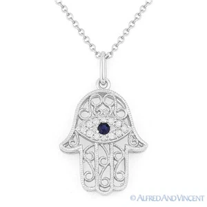0.09ct Diamond Sapphire Hamsa Hand of Fatima Evil Eye Charm Pendant 14k Wht Gold - Picture 1 of 1