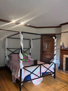 Used Black Metal Full Size Canopy Bed Frame, W/ YouTube Link to Instructions  - Picture 1 of 5