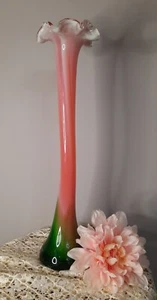 Vintage Hand Blown Glass Salmon /Green Ruffled Top Vase 15.5"H - Picture 1 of 11