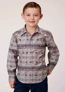 Roper Boys Kids Grey 100% Cotton Blanket Aztec L/S Shirt - Picture 1 of 4