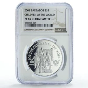 Barbados 5 dollars UNICEF Save the Children Child Year PF69 NGC silver coin 2001 - Picture 1 of 2