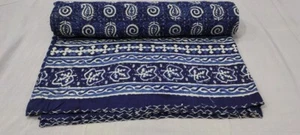 Indian Hand Block Indigo Queen Size Cotton Kantha Quilt Throw Blanket Bedspread - Picture 1 of 6