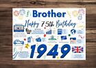 Brother Happy 75th Birthday Card 1949 Year of Birth Facts Greetings Blue 75