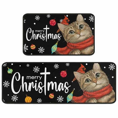 Decoraciones de Navidad para Hogar Gato Feliz Navidad Juego de 2 Alfombras de Cocina, Mer... Foto 1 de 4