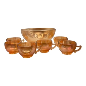 Egg Nog Punch Bowl Set Jeanette Marigold Iridescent Carnival Glass 6 Cups Peach - Picture 1 of 4