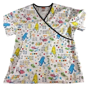 Dr. Seuss One Fish Two Fish Scrub Top XL White Colorful Print - Picture 1 of 9