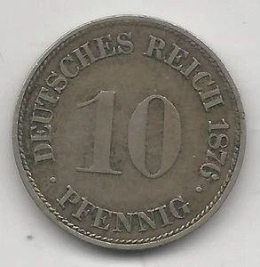 GERMANY, EMPIRE, 1876-G, 10 PFENNIG, COPPER NICKEL, KM#4, EXTRA FINE - Picture 1 of 2
