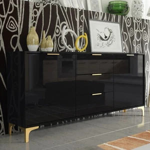 Luxury High Gloss Modern 140cm TV Unit Stand Sideboard Gold Finish Accents - Picture 1 of 5