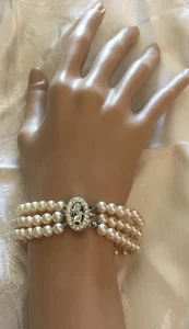 Vintage Cultured Pearl 3-Strand Bracelet Pear Rhinestones 7-3/8" Jewelry Bridal  - Picture 1 of 7