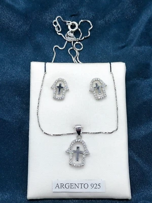 Parure Set Gioielli Donna Argento 925 collana orecchini brillantini croce - Immagine 1 di 4