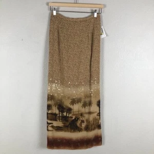 Silk Club Collection Skirt Women 4 Tan Silk Lion Print Sequins Casual Cruisewear - Picture 1 of 22