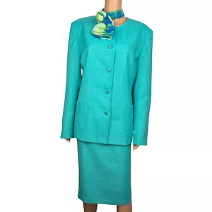 Liz Claiborne Women Polyester Skirt Suit Scarf Size 18 Green Collarless 3PC - Picture 1 of 10