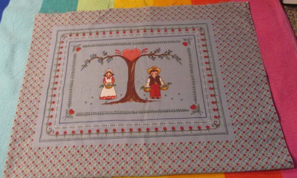 33" long x 44" wide Vintage Quilt Fabric 4 country Squares Barn heart Tree Chick - Image 1 of 4