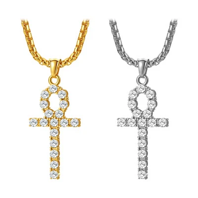 Colar corrente pingente cruzado Ankh gelado banhado a hip hop joias CZ para homens mulheres - Imagem 1 de 4