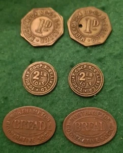 Torquay MidRohondda Northampton  Coop Co operative Tokens 1D & Bread Welsh Co Op - Picture 1 of 3
