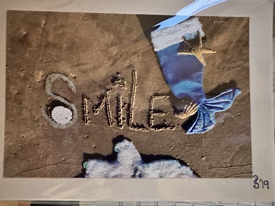 SMILE POSTCARD - seashore, shells, mermaid tail -  "SMILE" - 5" x 7" - Image 1 of 2