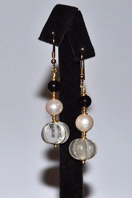 ORECCHINI PENDENTI ARGENTO 925 DORATO perle e pietre dure naturali, per donna - Immagine 1 di 2