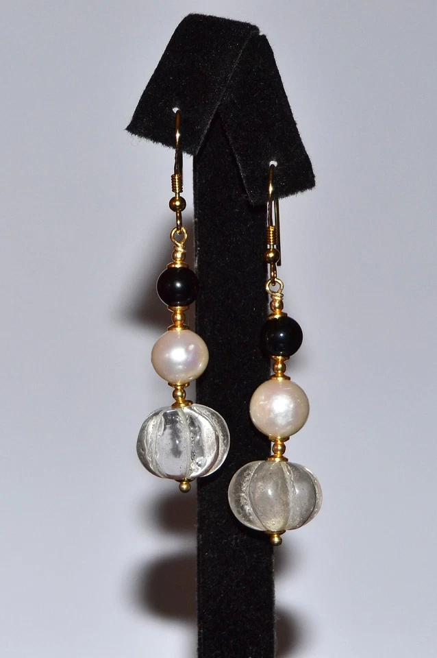 ORECCHINI PENDENTI ARGENTO 925 DORATO perle e pietre dure naturali, per donna - Immagine 1 di 2