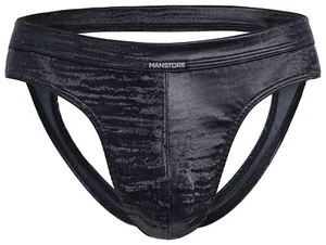 Manstore M2052 Jock Slip Herren Reizwäsche Samt Satin Schwarz Träger Rückenfrei - Bild 1 von 3