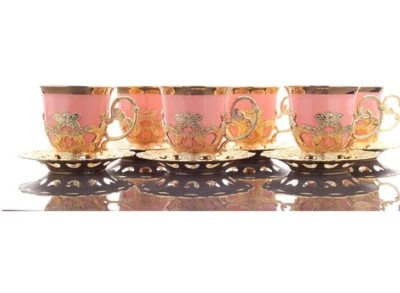 Juego de 12 tazas de café de porcelana rosa turco dorado con platillos 2,8 oz Foto 1 de 3