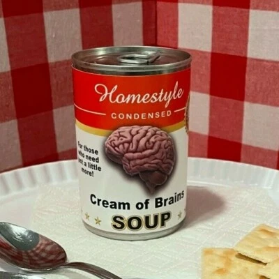 PRIVATE LABEL 2 x Funny BRAIN Soup Can Labels -GREAT GAG PRANK GIFT Zombie Scientist Halloween