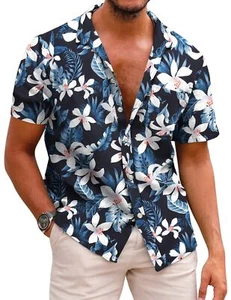 Mens Hawaiian Shirts Short Sleeve Casual Button Down Tropical Beach Shirt - Picture 1 of 8
