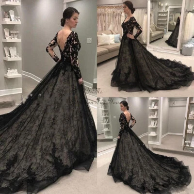 Gothic Black Wedding Dresses Long Sleeve V Neck Backless Court Train Bridal Gown - Image 1 of 4
