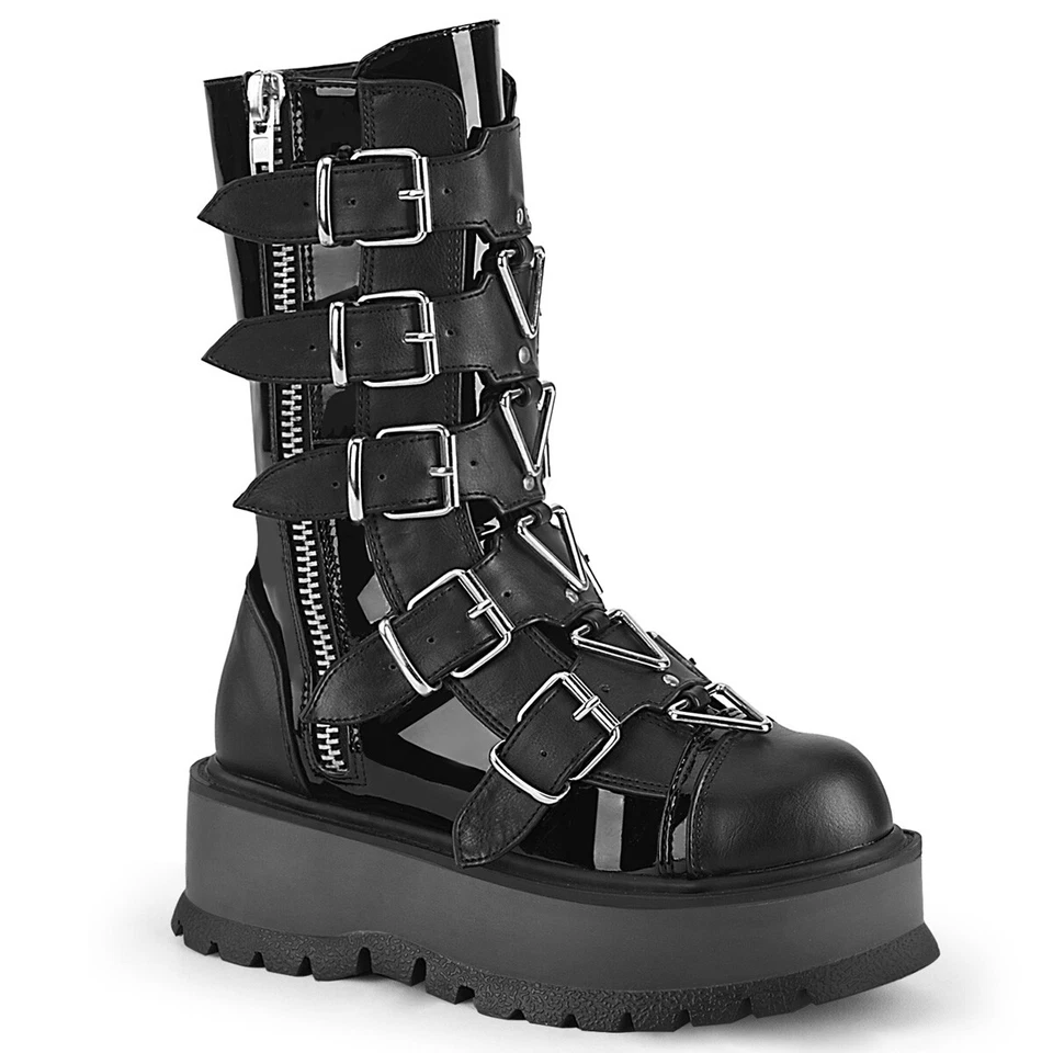 Demonia SLACKER-160 Mid-Calf Boot with Buckle Straps and Zip Blk Pat-Vegan 9